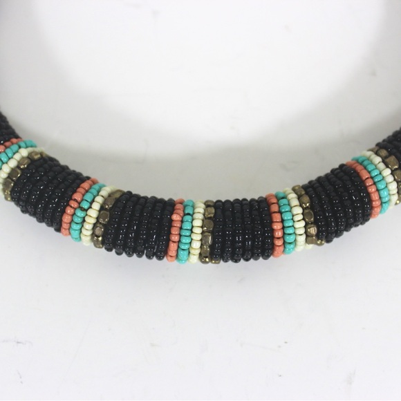 Vintage African Style Thick Beaded Necklace Black Pink Brass Gold - Picture 2 of 8